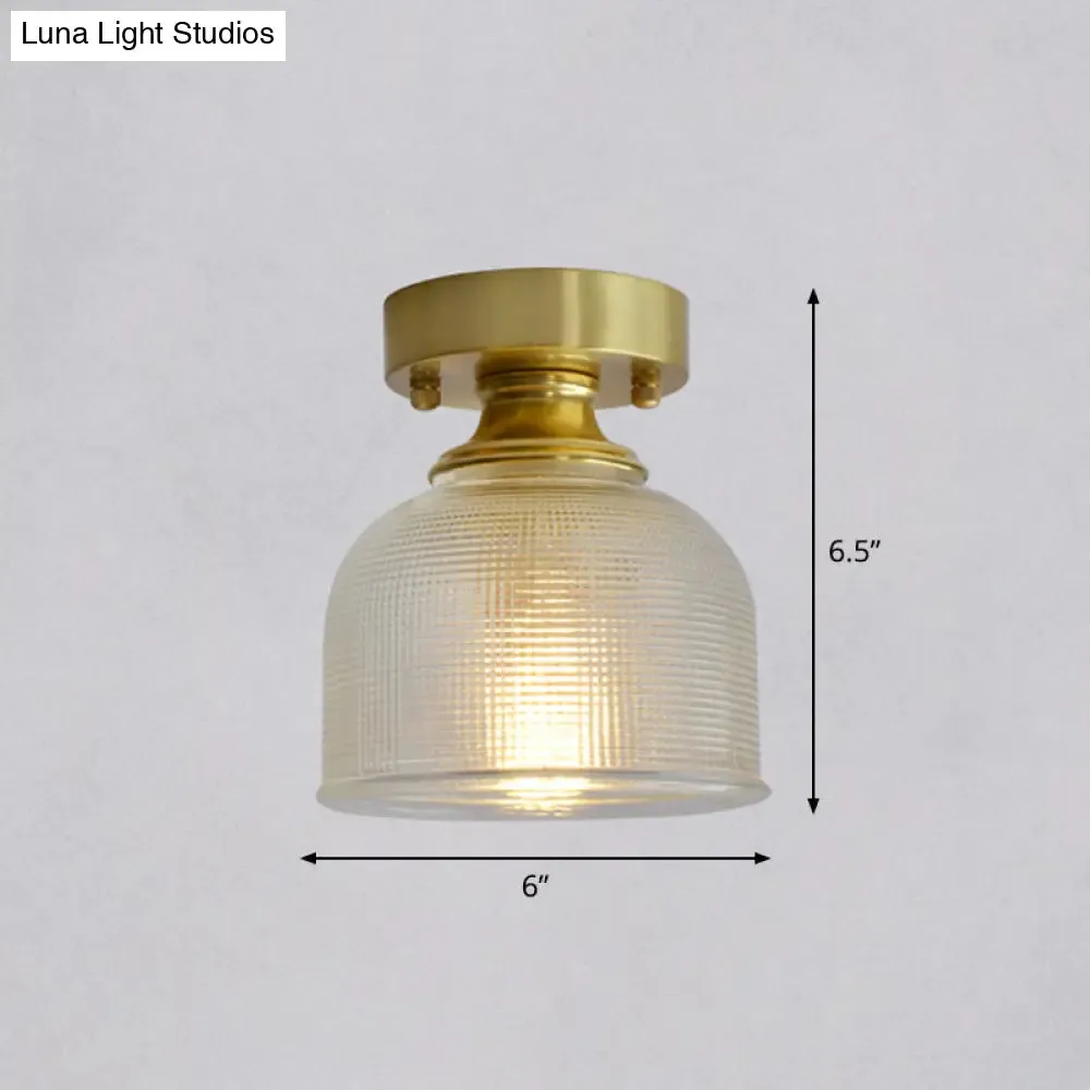 Minimalist Brass 1-Head Ceiling Light with Carved Glass Shade for Corridors
