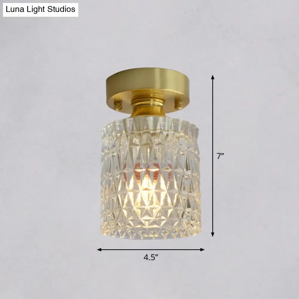 Minimalist Brass 1-Head Ceiling Light with Carved Glass Shade for Corridors