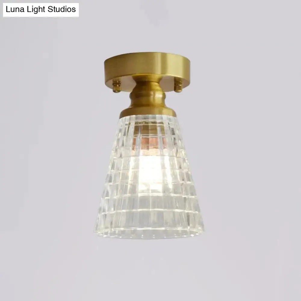 Minimalist Brass 1-Head Ceiling Light with Carved Glass Shade for Corridors