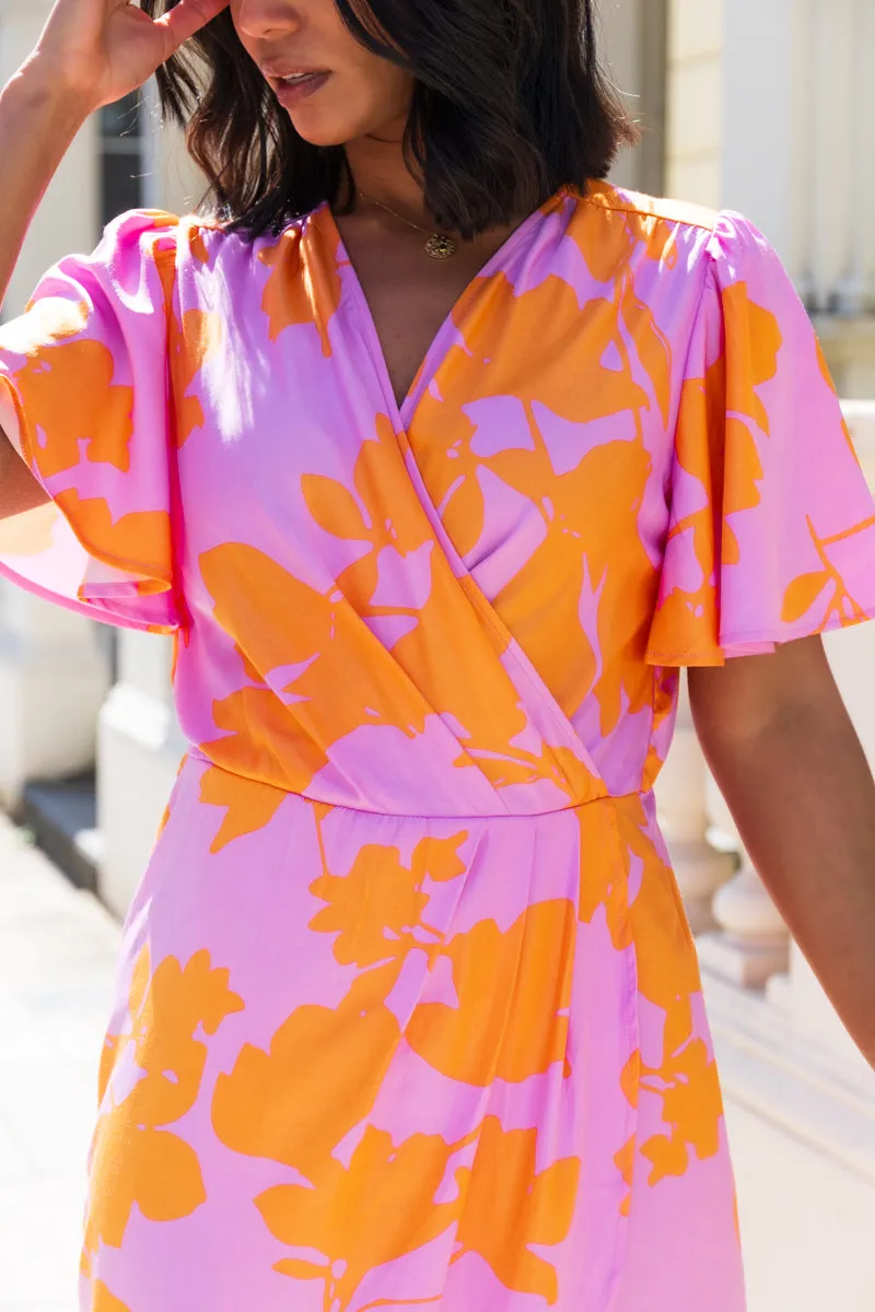 Nakita Lilac & Orange V-Neck Wrap Midi Dress