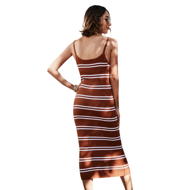 New Summer Knit Striped Skinny Cami Dresses Wholesale