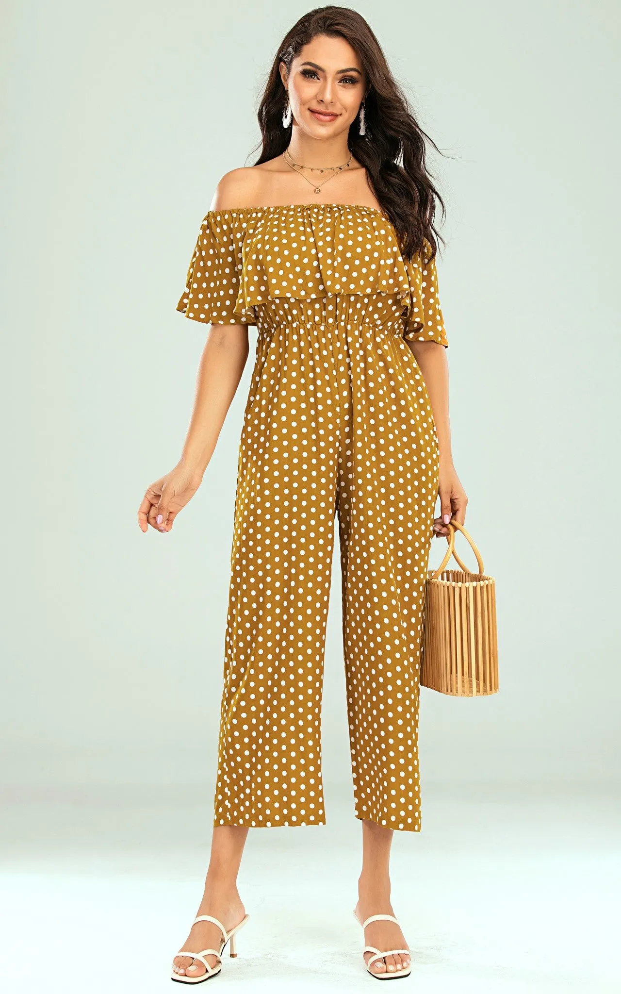 Off The Shoulder Frill Jumpsuit In Mustard Yellow Polka Dot