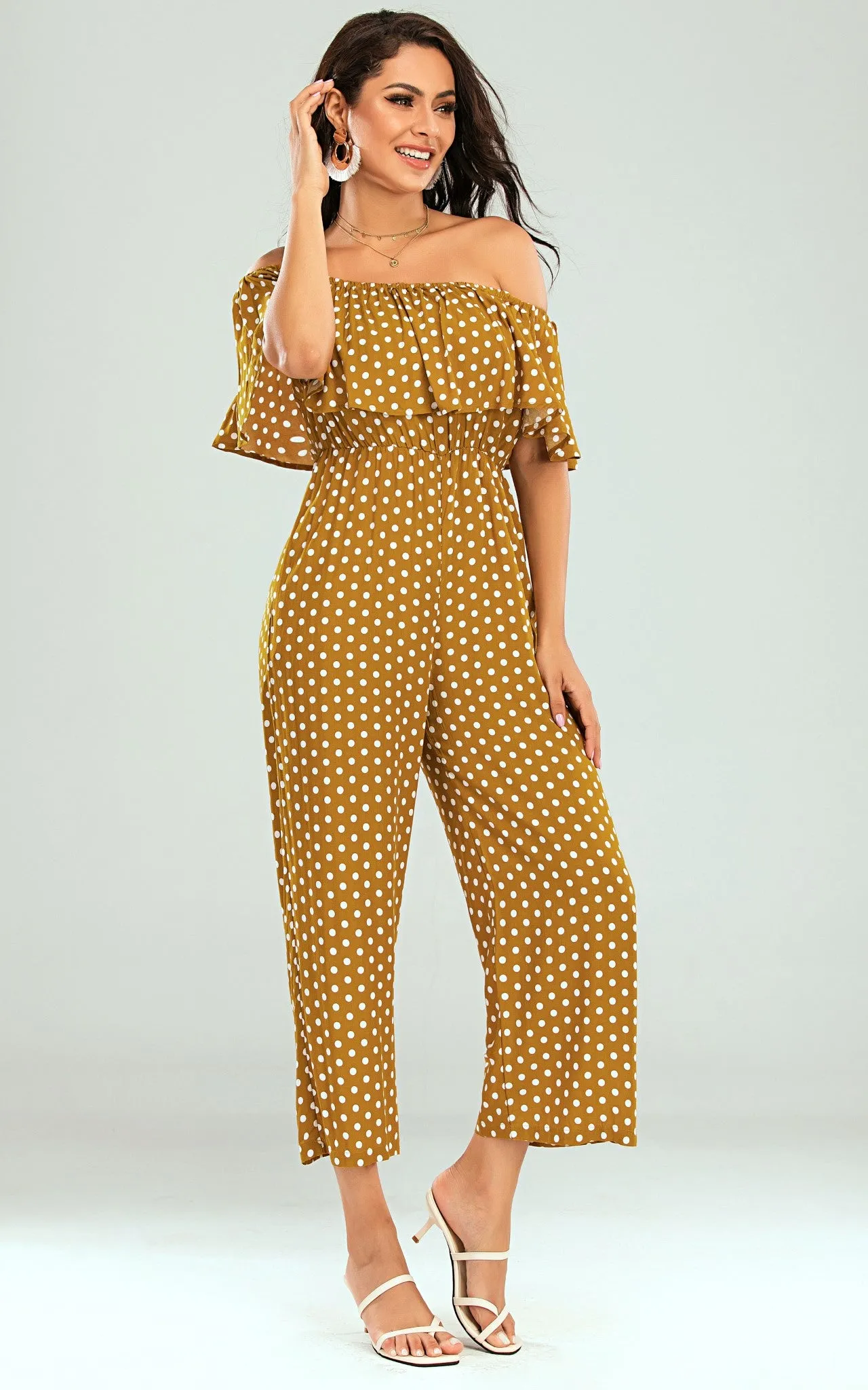 Off The Shoulder Frill Jumpsuit In Mustard Yellow Polka Dot