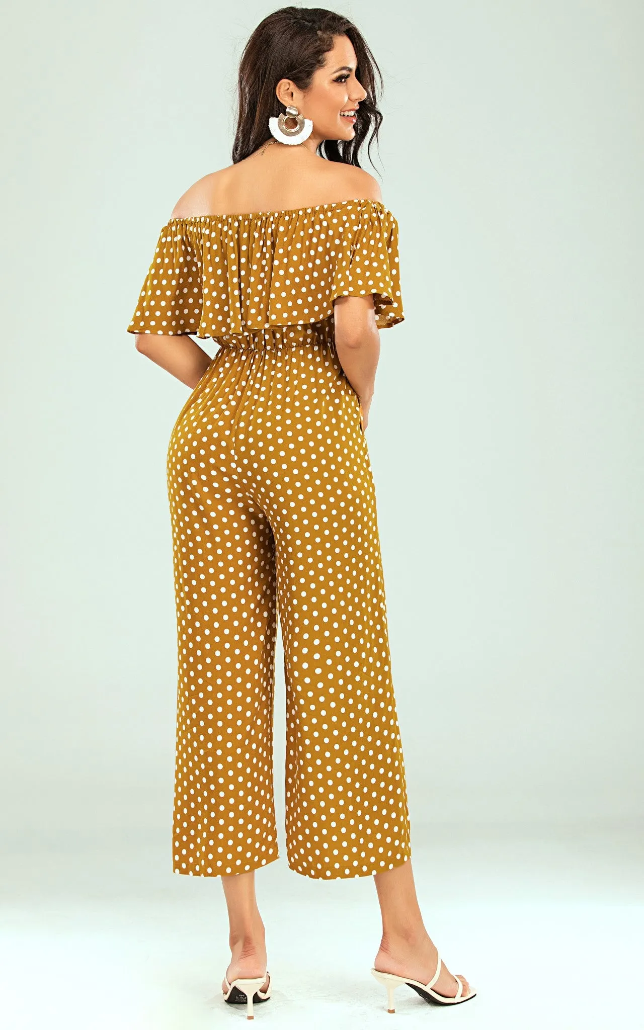 Off The Shoulder Frill Jumpsuit In Mustard Yellow Polka Dot