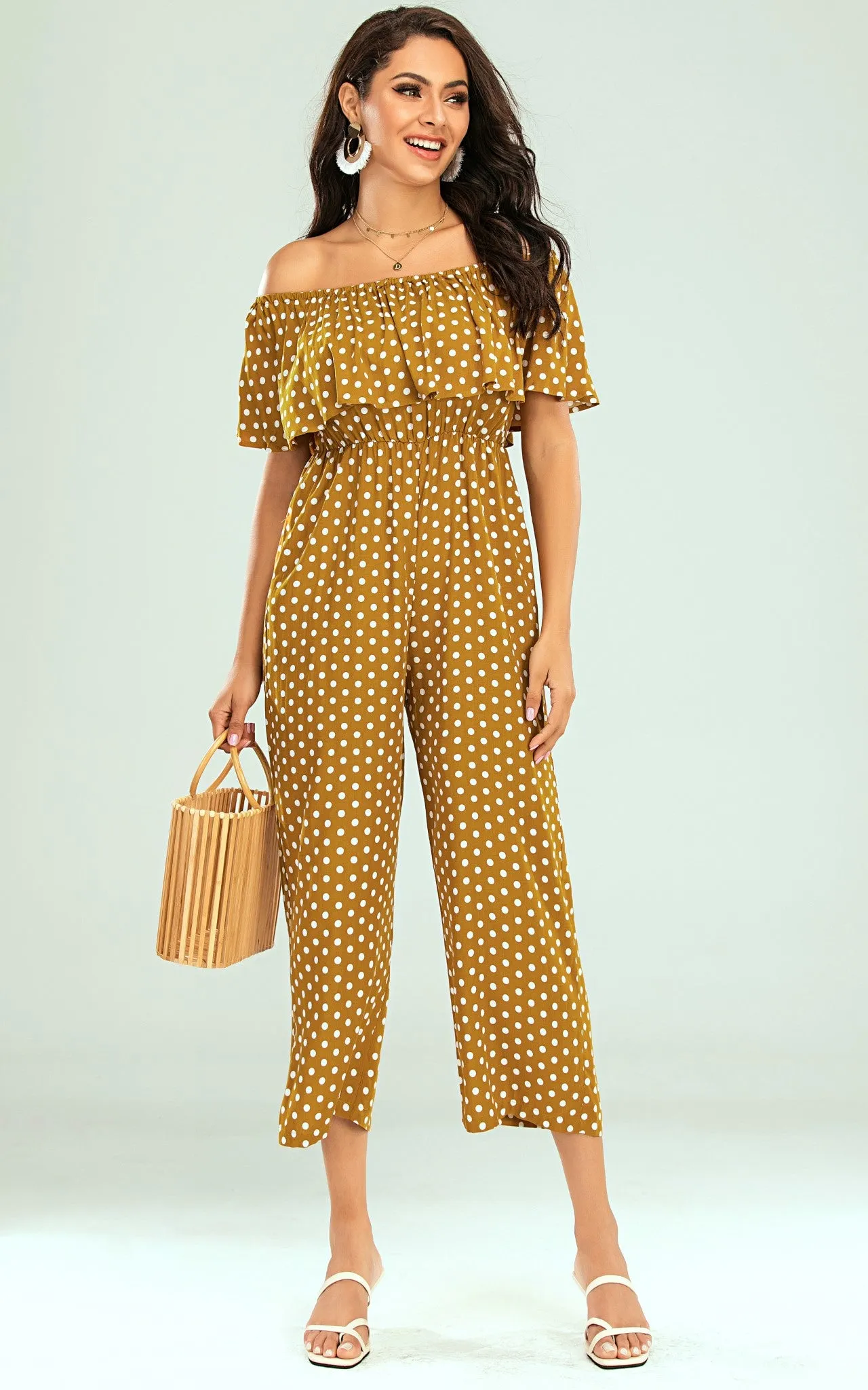 Off The Shoulder Frill Jumpsuit In Mustard Yellow Polka Dot