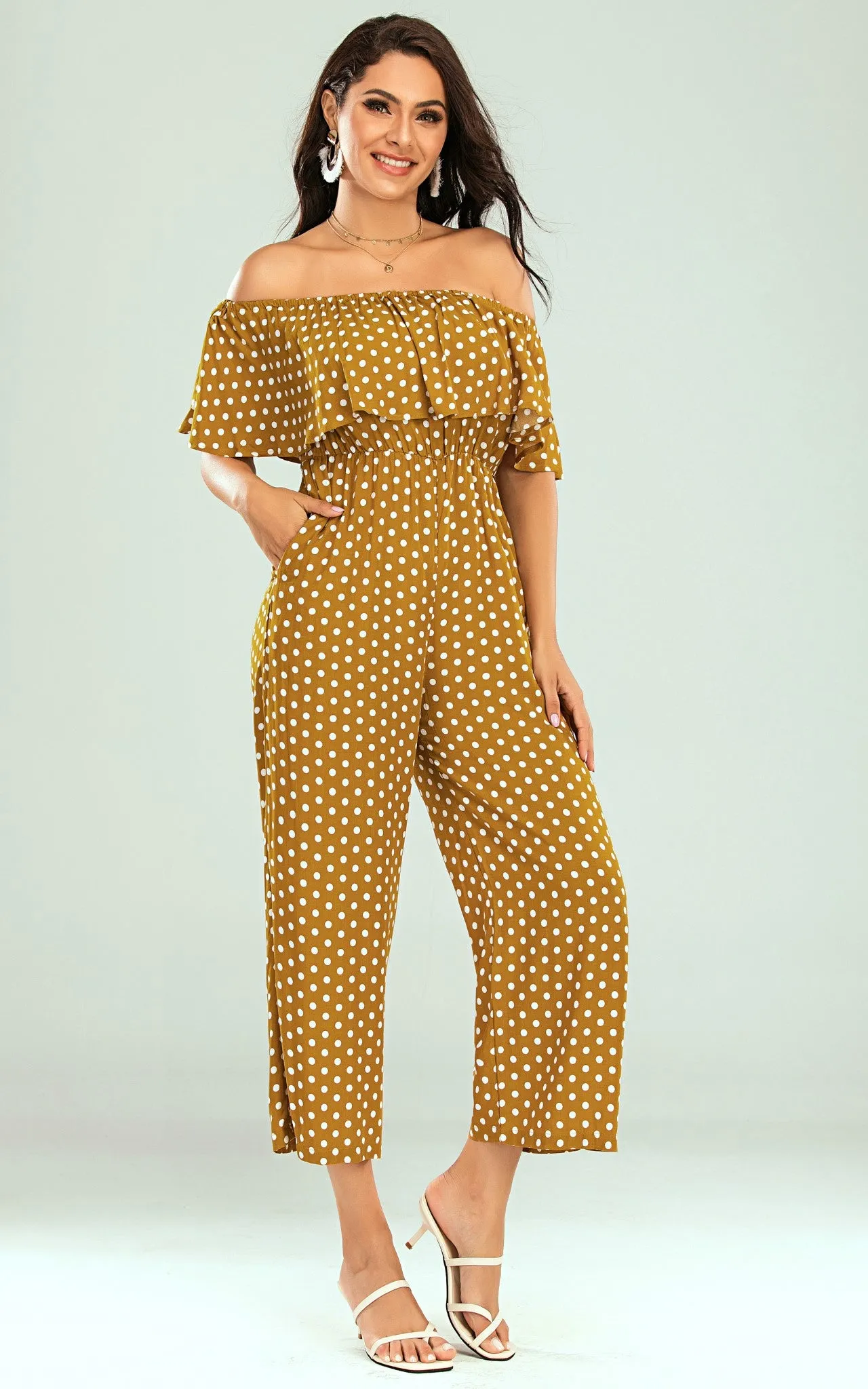Off The Shoulder Frill Jumpsuit In Mustard Yellow Polka Dot