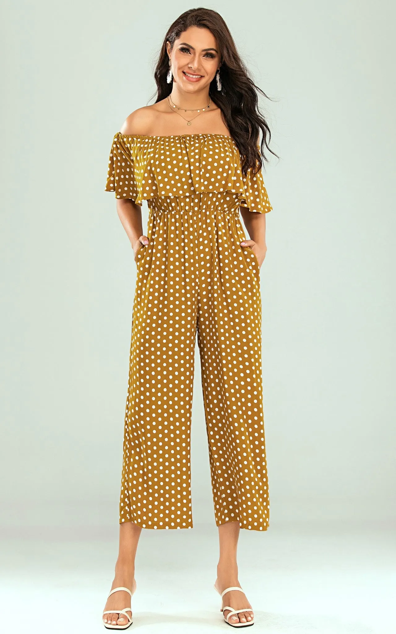 Off The Shoulder Frill Jumpsuit In Mustard Yellow Polka Dot