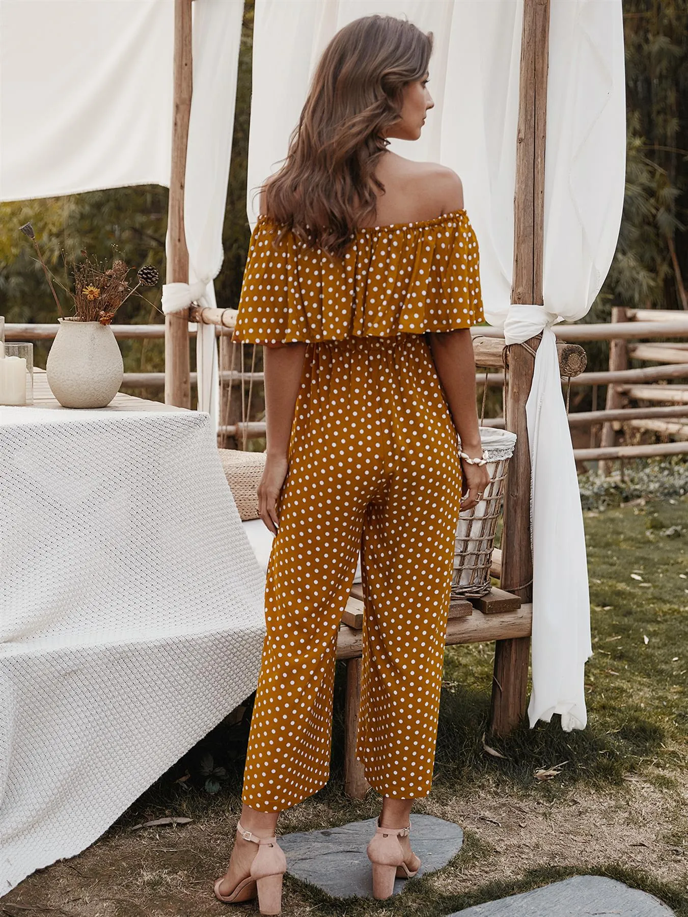 Off The Shoulder Frill Jumpsuit In Mustard Yellow Polka Dot