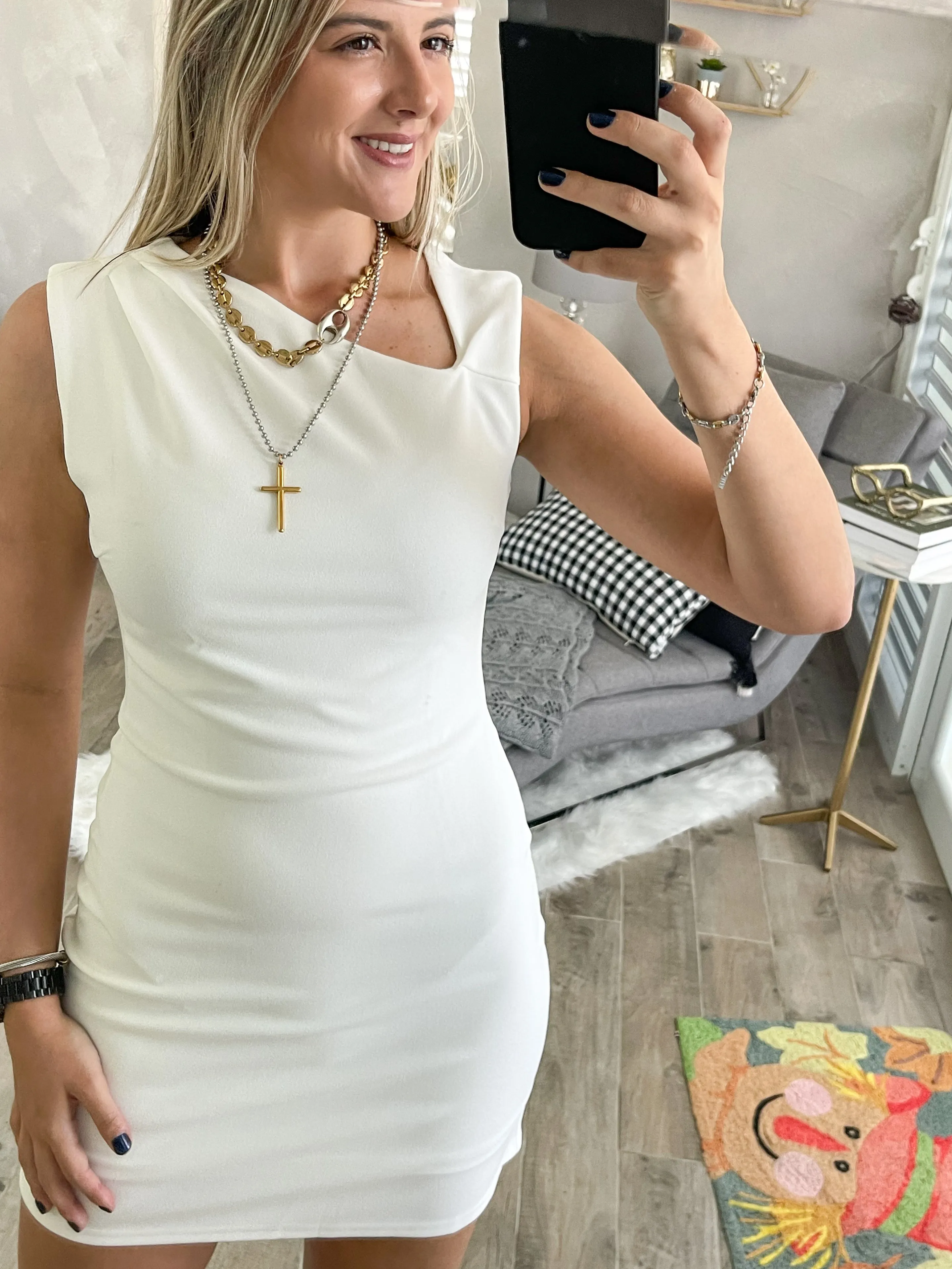 OFF WHITE ASYMMETRICAL NECK KNIT DRESS