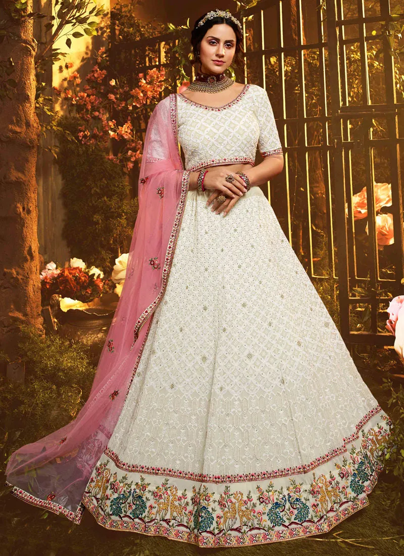 off-white Color Resham And Moti Georgette Base Soft Net Lehenga Choli