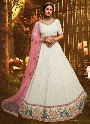 off-white Color Resham And Moti Georgette Base Soft Net Lehenga Choli