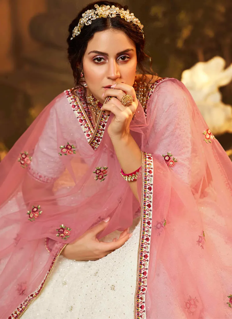 off-white Color Resham And Moti Georgette Base Soft Net Lehenga Choli