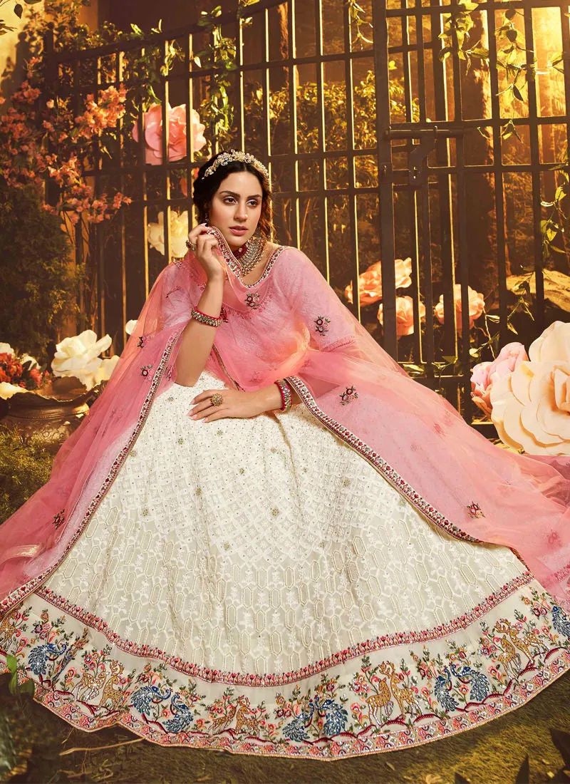 off-white Color Resham And Moti Georgette Base Soft Net Lehenga Choli