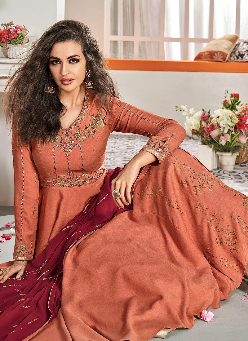 Orange And Maroon Traditional Embroidered Anarkali Suit