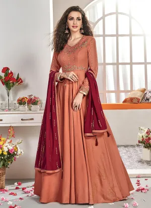 Orange And Maroon Traditional Embroidered Anarkali Suit