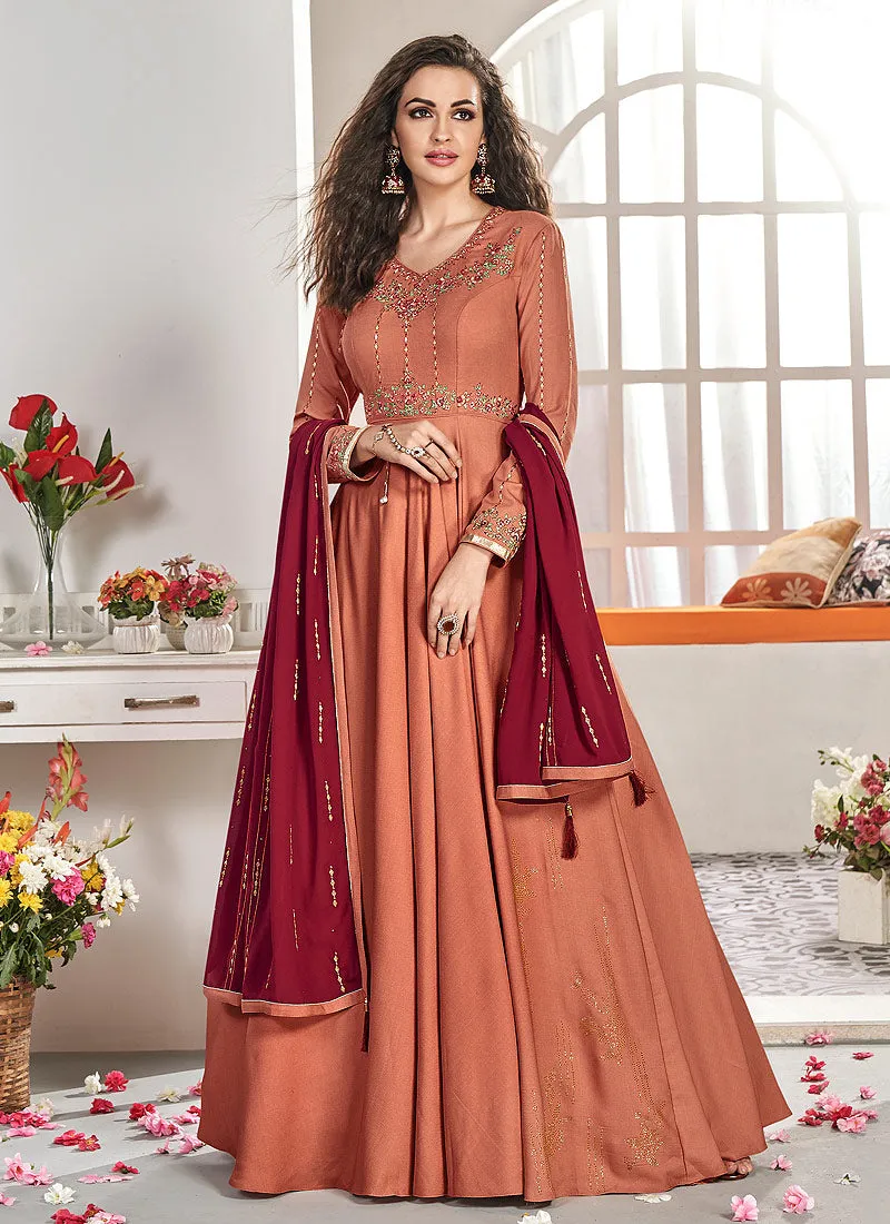 Orange And Maroon Traditional Embroidered Anarkali Suit