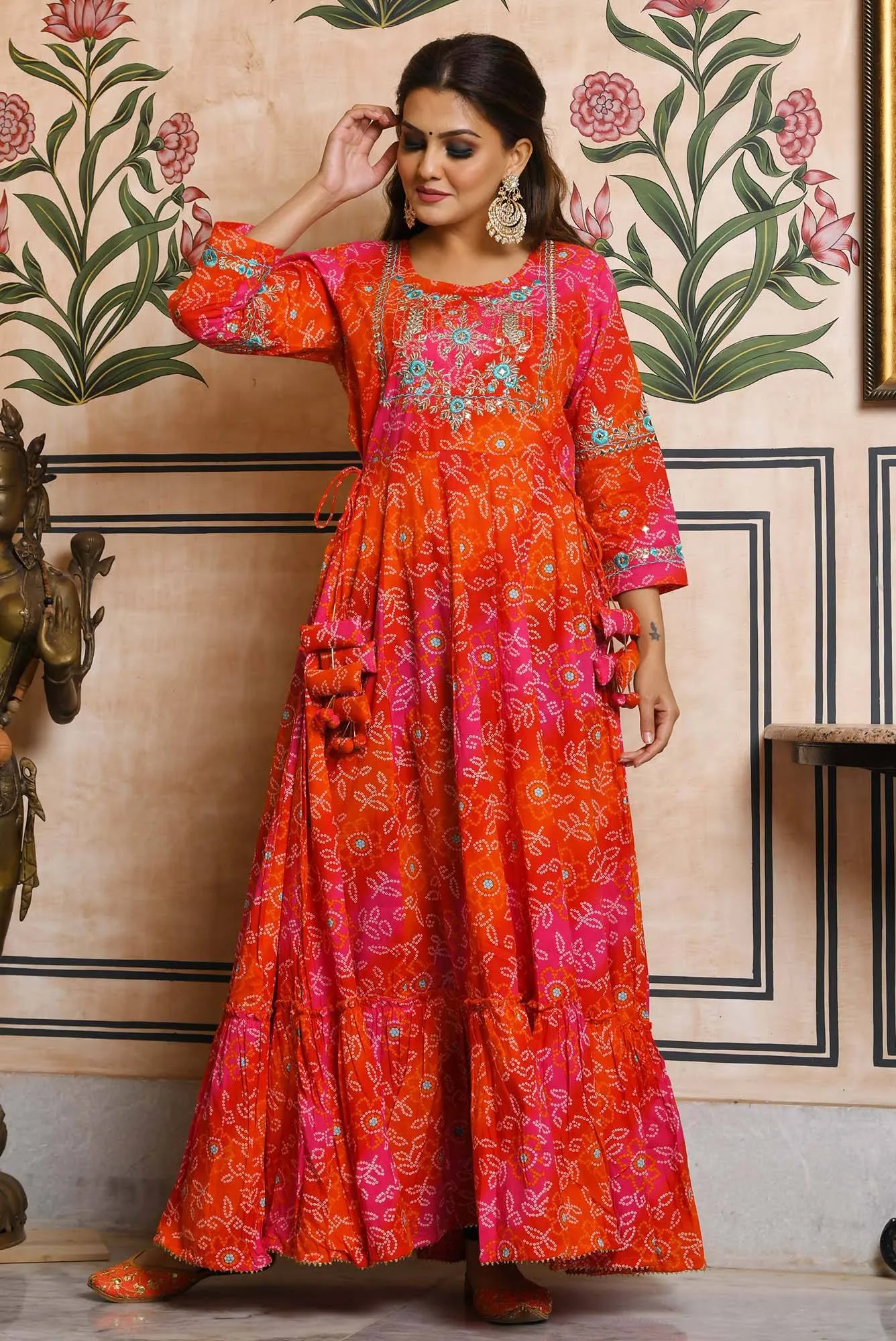 Orange Bandhani Print Ethnic Gown