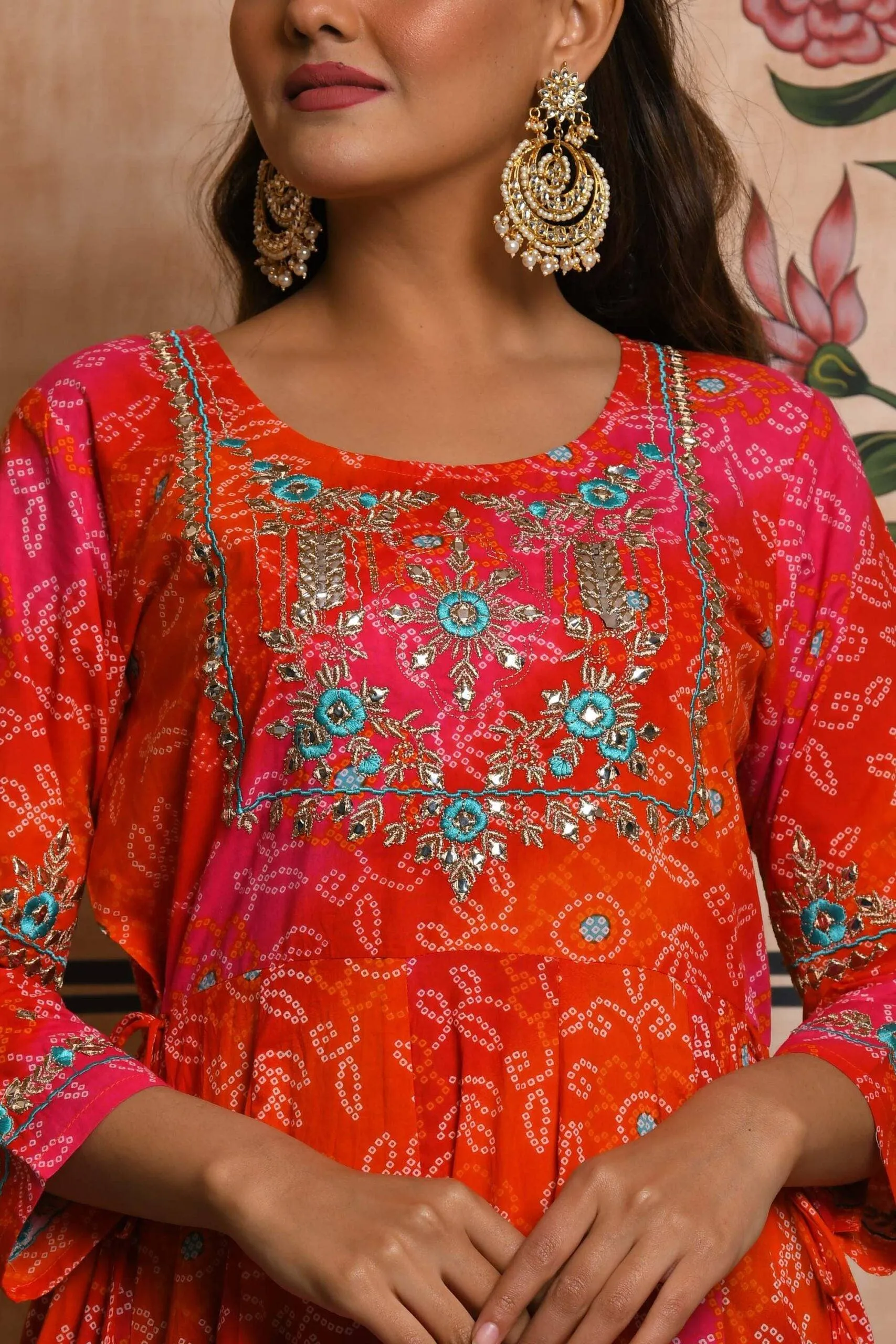 Orange Bandhani Print Ethnic Gown