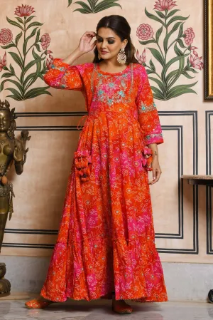 Orange Bandhani Print Ethnic Gown