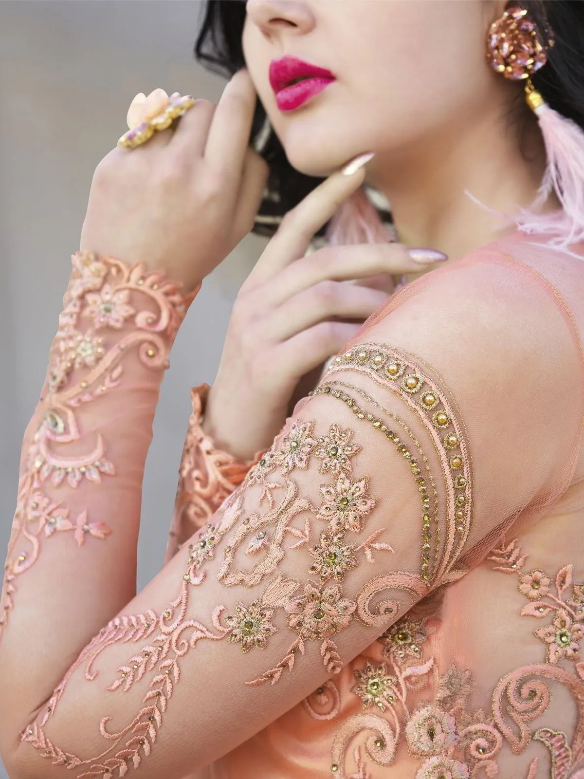 Peach And Green Embroidered Anarkali Lehenga And Pant Suit