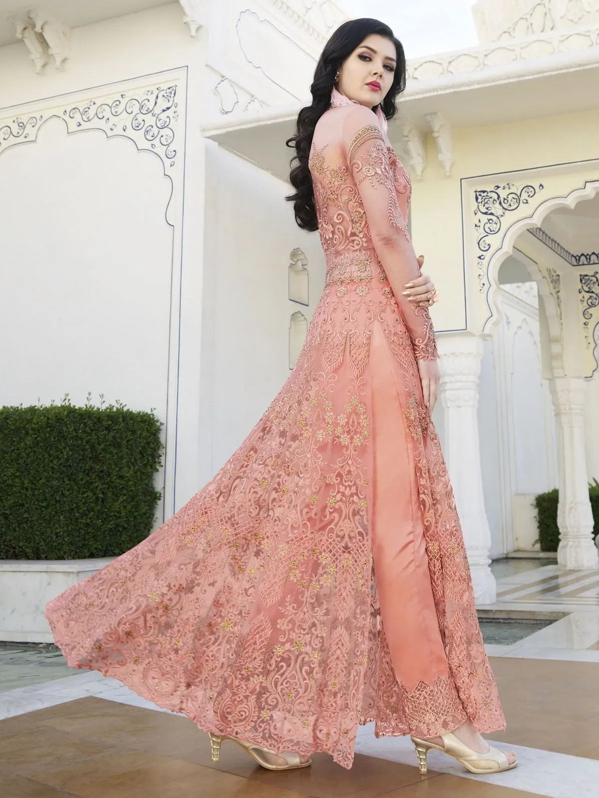 Peach And Green Embroidered Anarkali Lehenga And Pant Suit