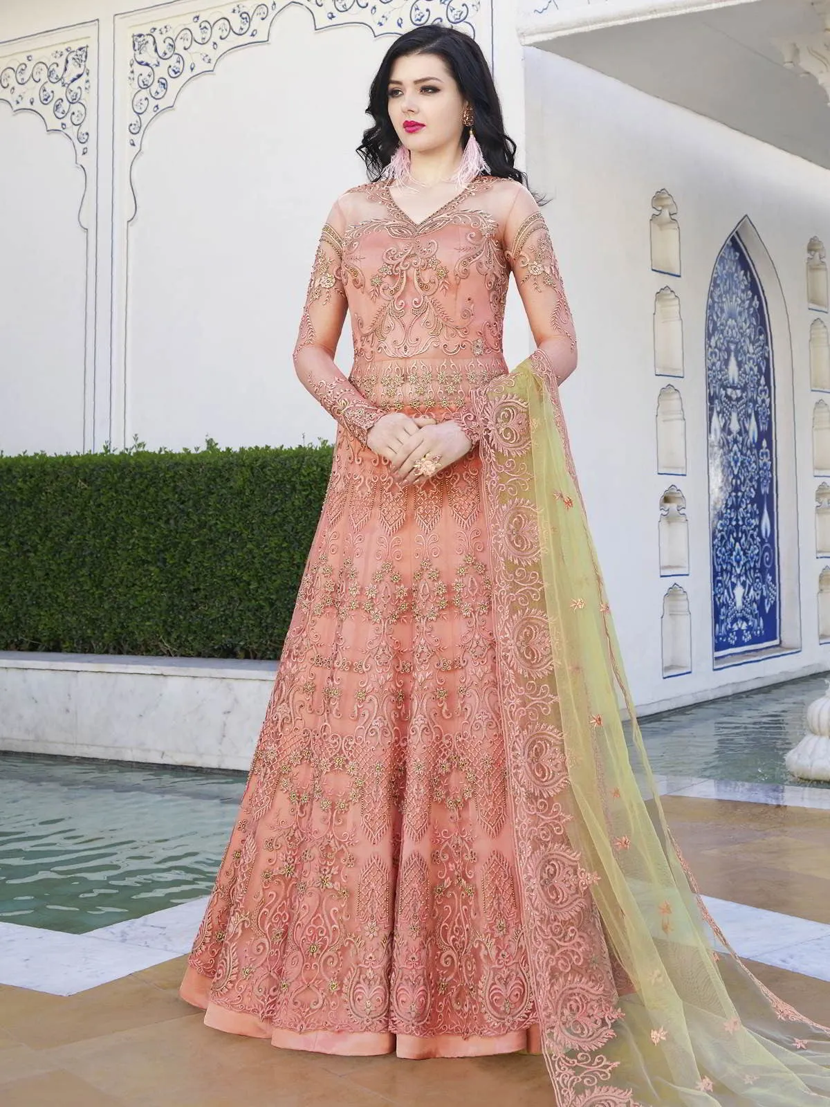 Peach And Green Embroidered Anarkali Lehenga And Pant Suit
