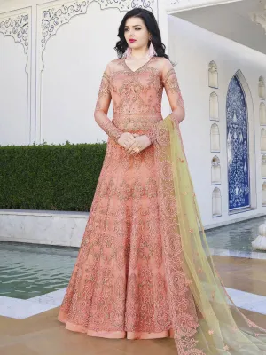 Peach And Green Embroidered Anarkali Lehenga And Pant Suit