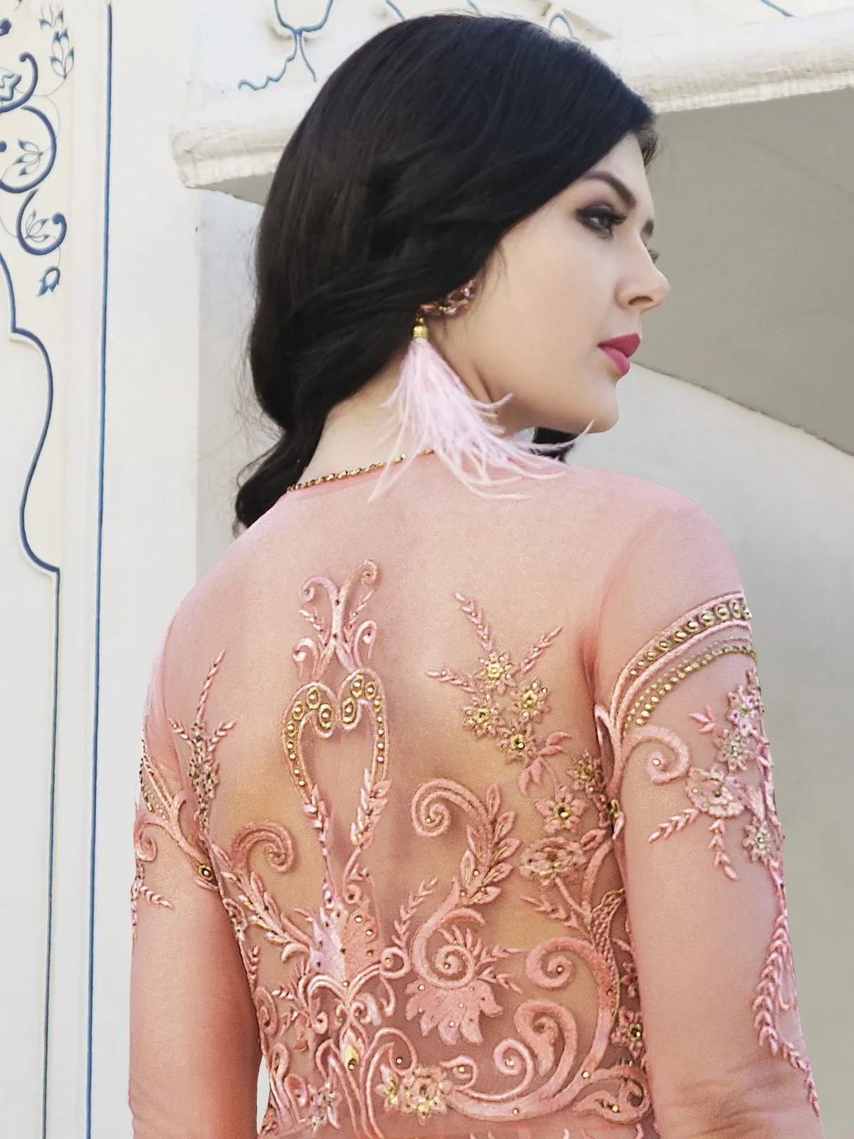 Peach And Green Embroidered Anarkali Lehenga And Pant Suit