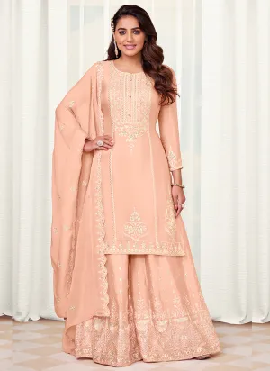 Peach Designer Embroidery Festive Palazzo Suit