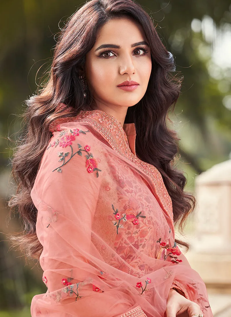 Peach Golden Embroidery Pakistani Pant Style Suit