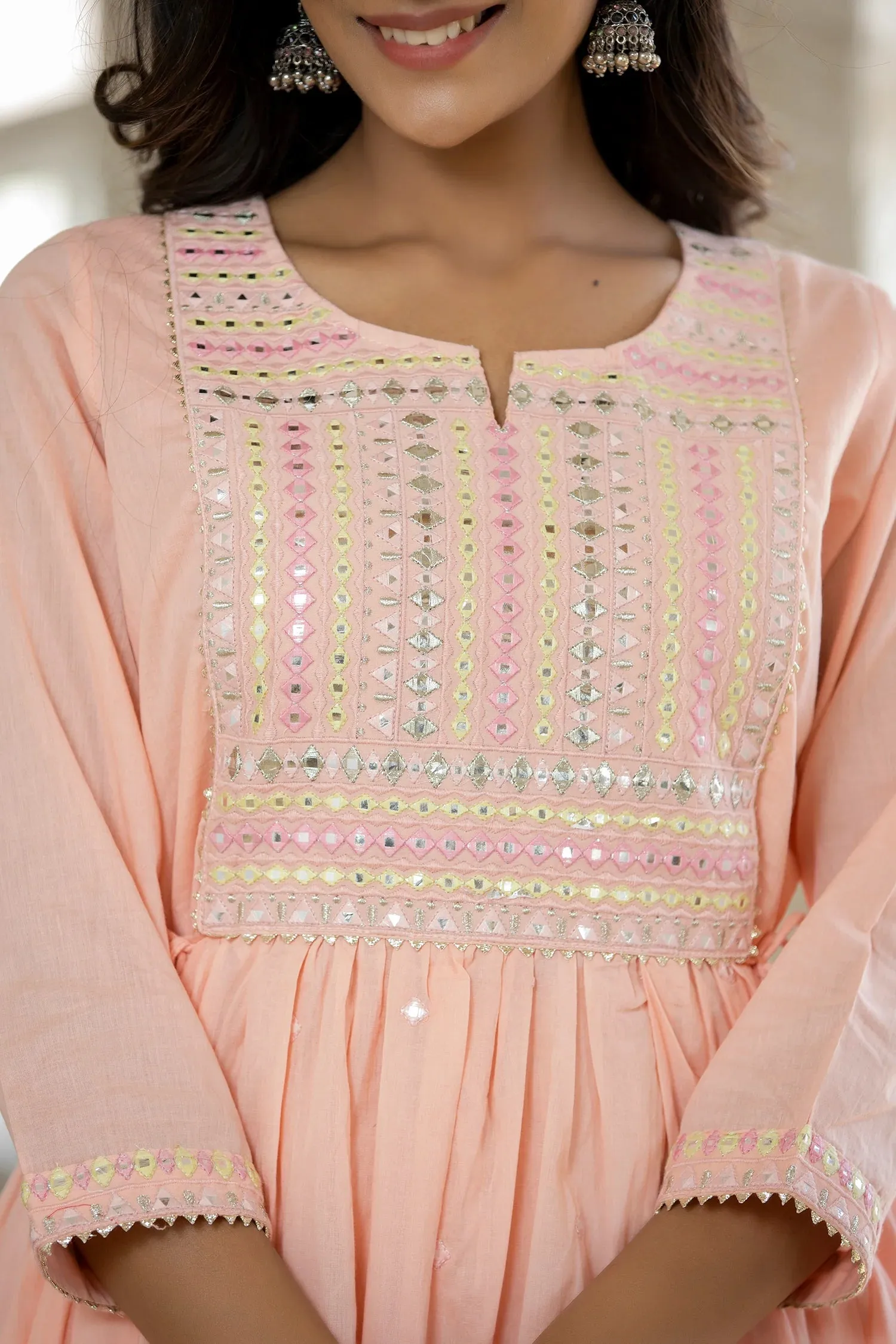 Peach Mirror Work Ethnic Gown