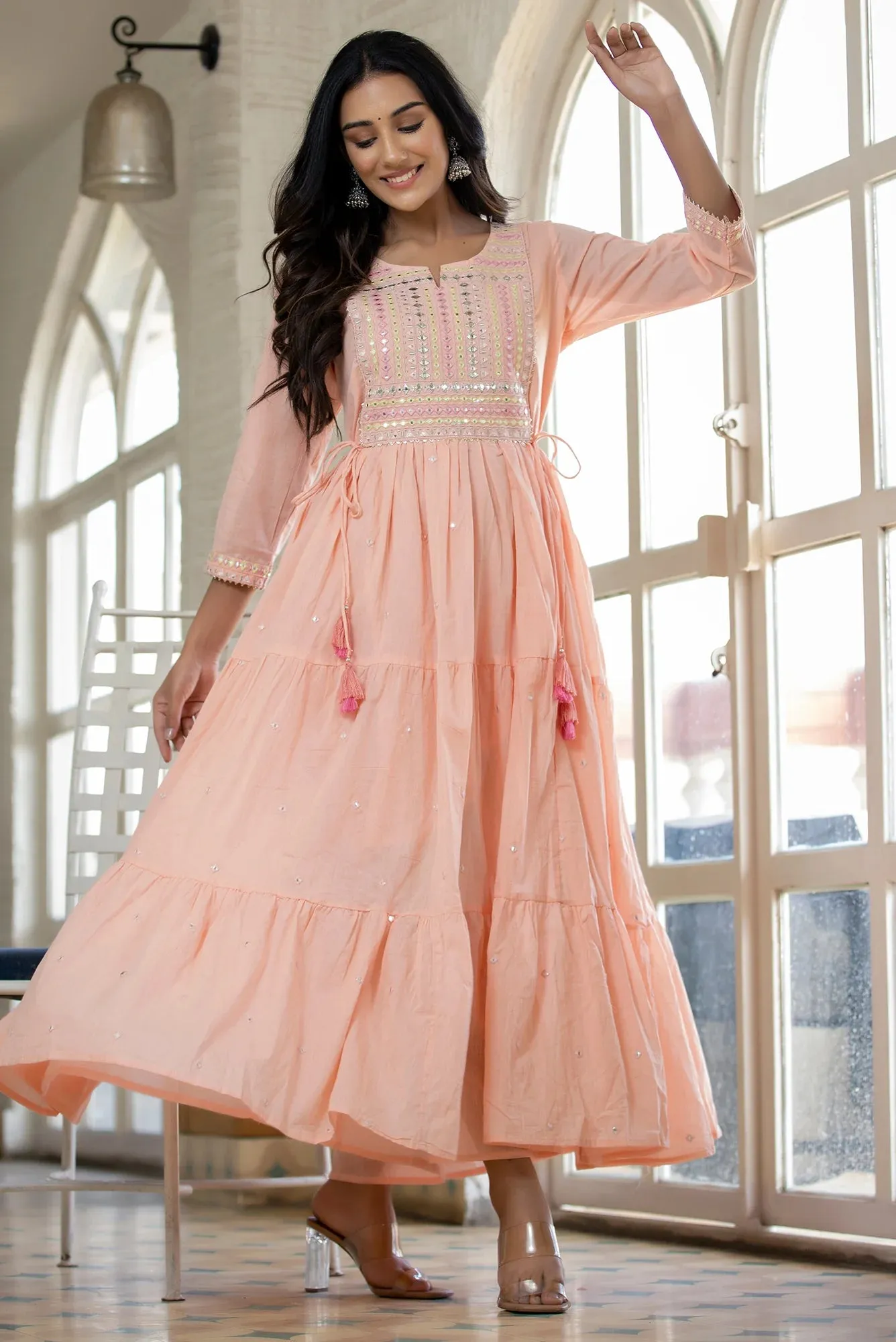 Peach Mirror Work Ethnic Gown