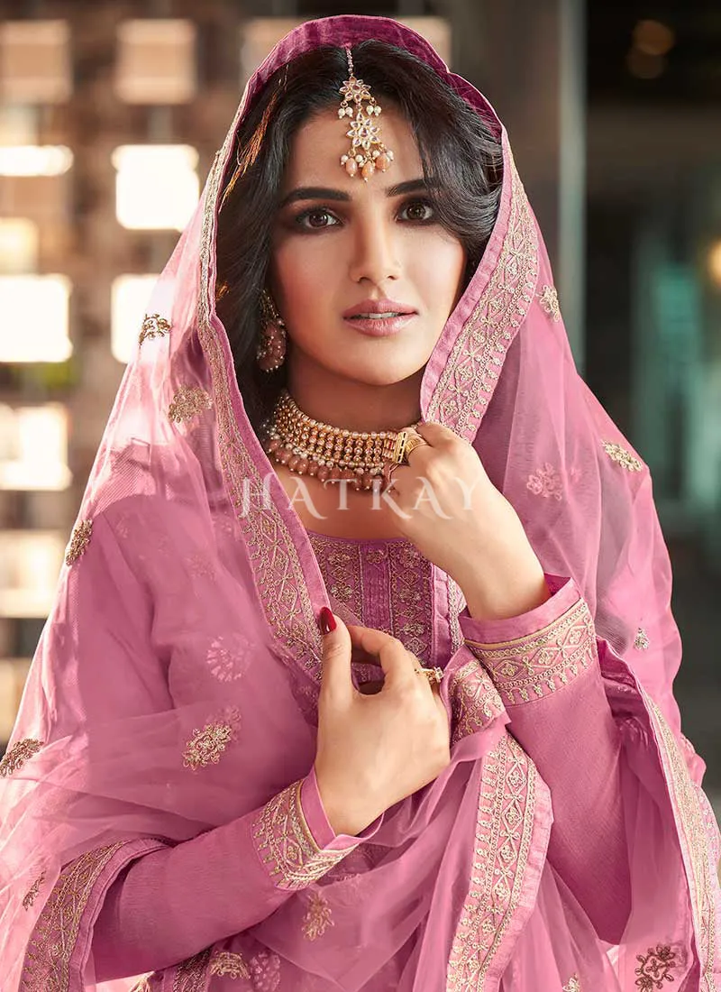 Pink Golden Embroidery Pant Style Suit
