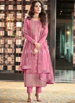 Pink Golden Embroidery Pant Style Suit