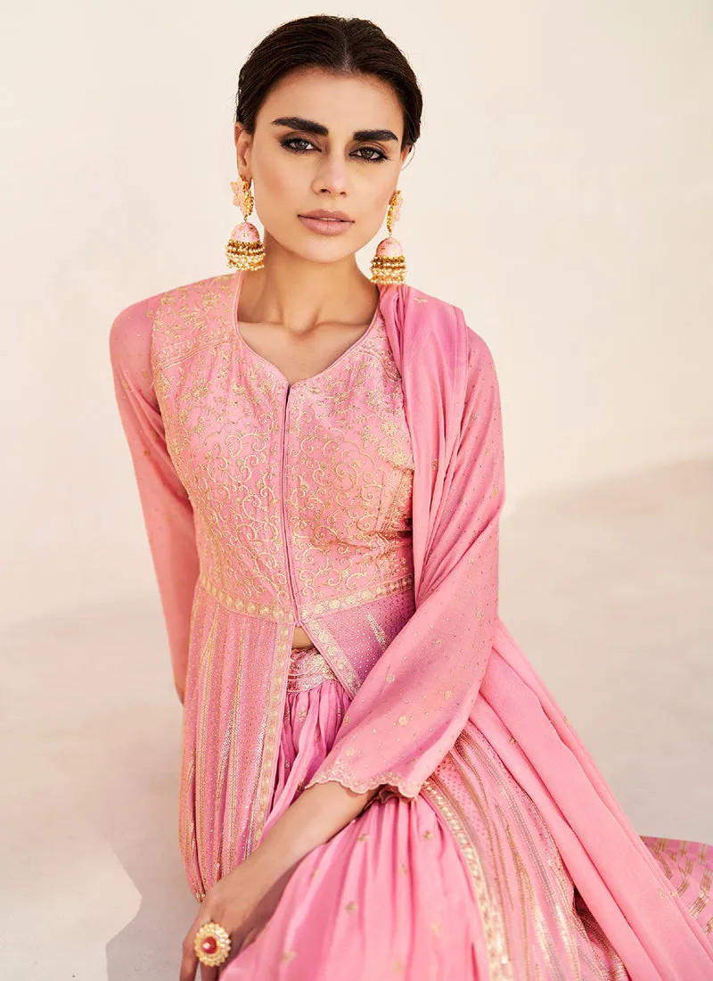Pink Golden Embroidery Slit Style Anarkali Lehenga