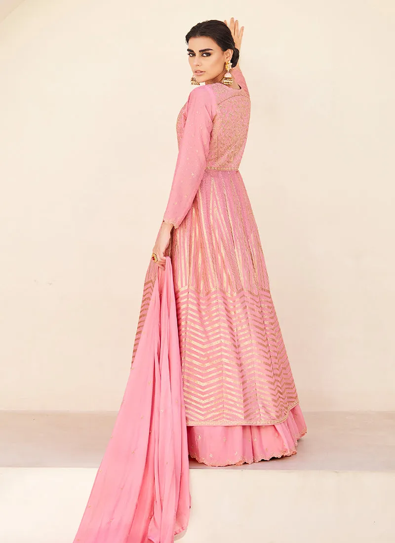 Pink Golden Embroidery Slit Style Anarkali Lehenga