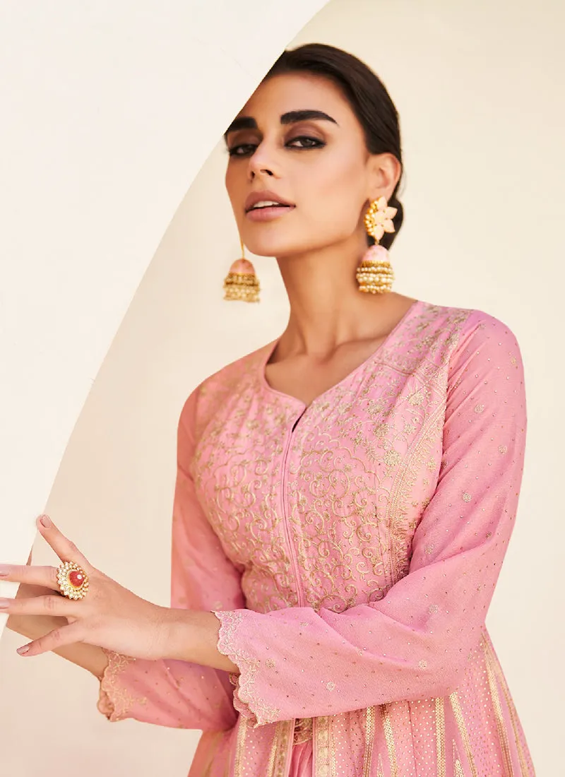 Pink Golden Embroidery Slit Style Anarkali Lehenga