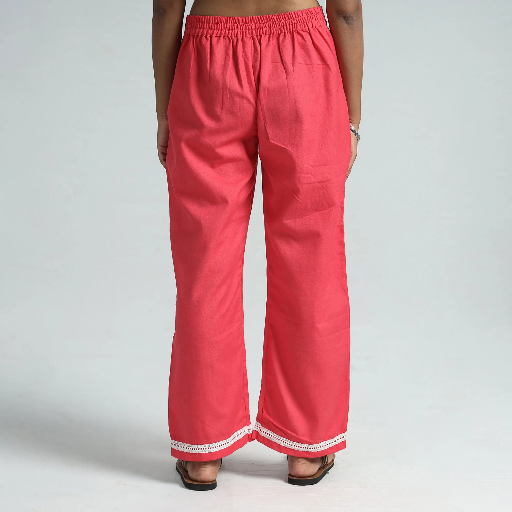Pink - Plain Flex Cotton Elasticated Palazzo with Lace Work 09
