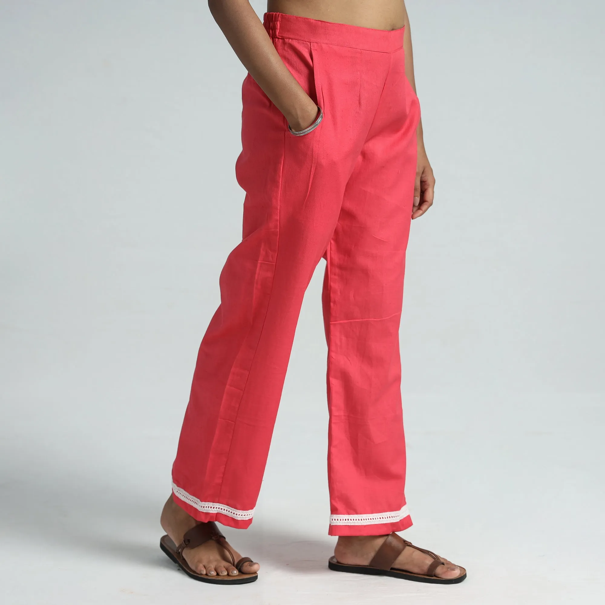 Pink - Plain Flex Cotton Elasticated Palazzo with Lace Work 09