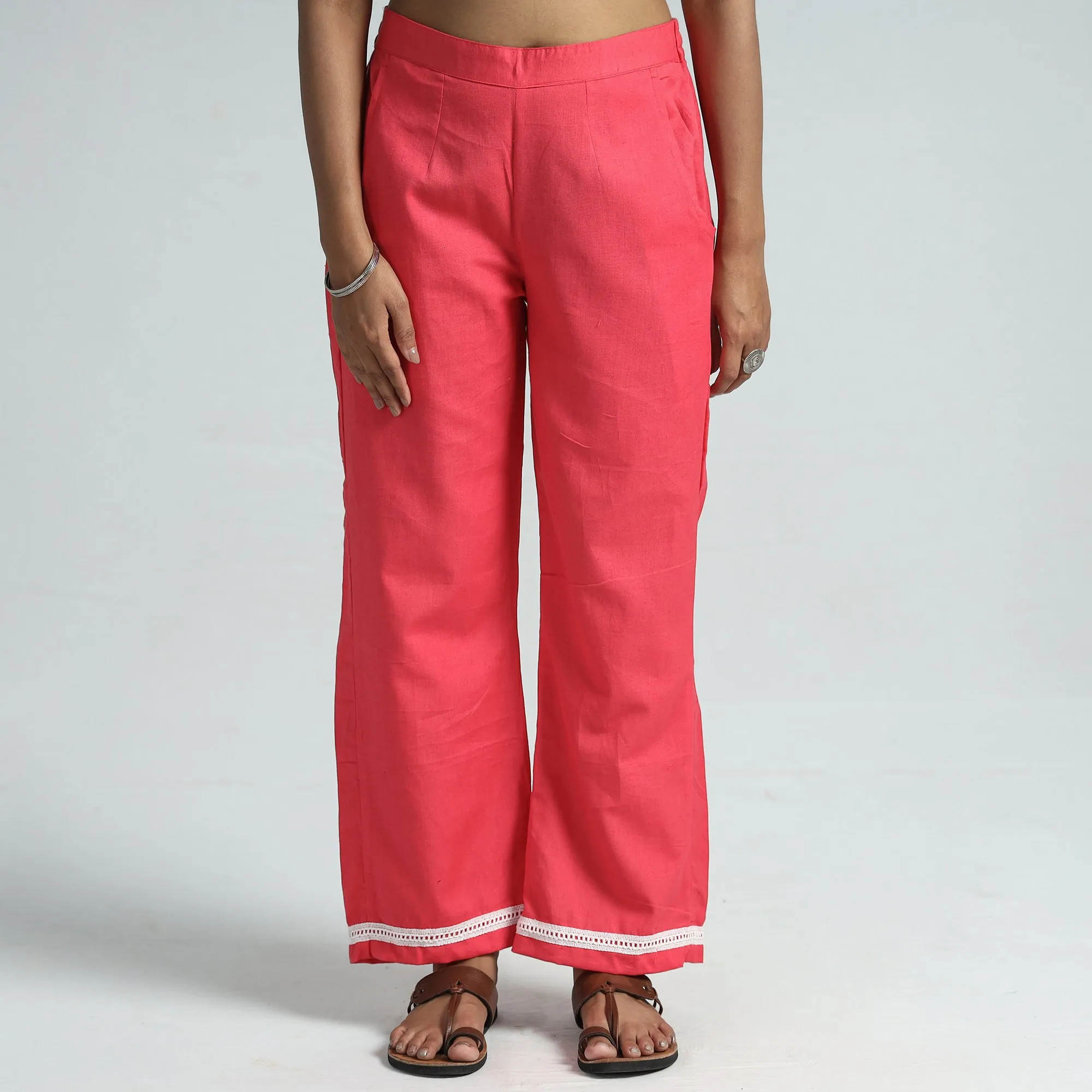 Pink - Plain Flex Cotton Elasticated Palazzo with Lace Work 09