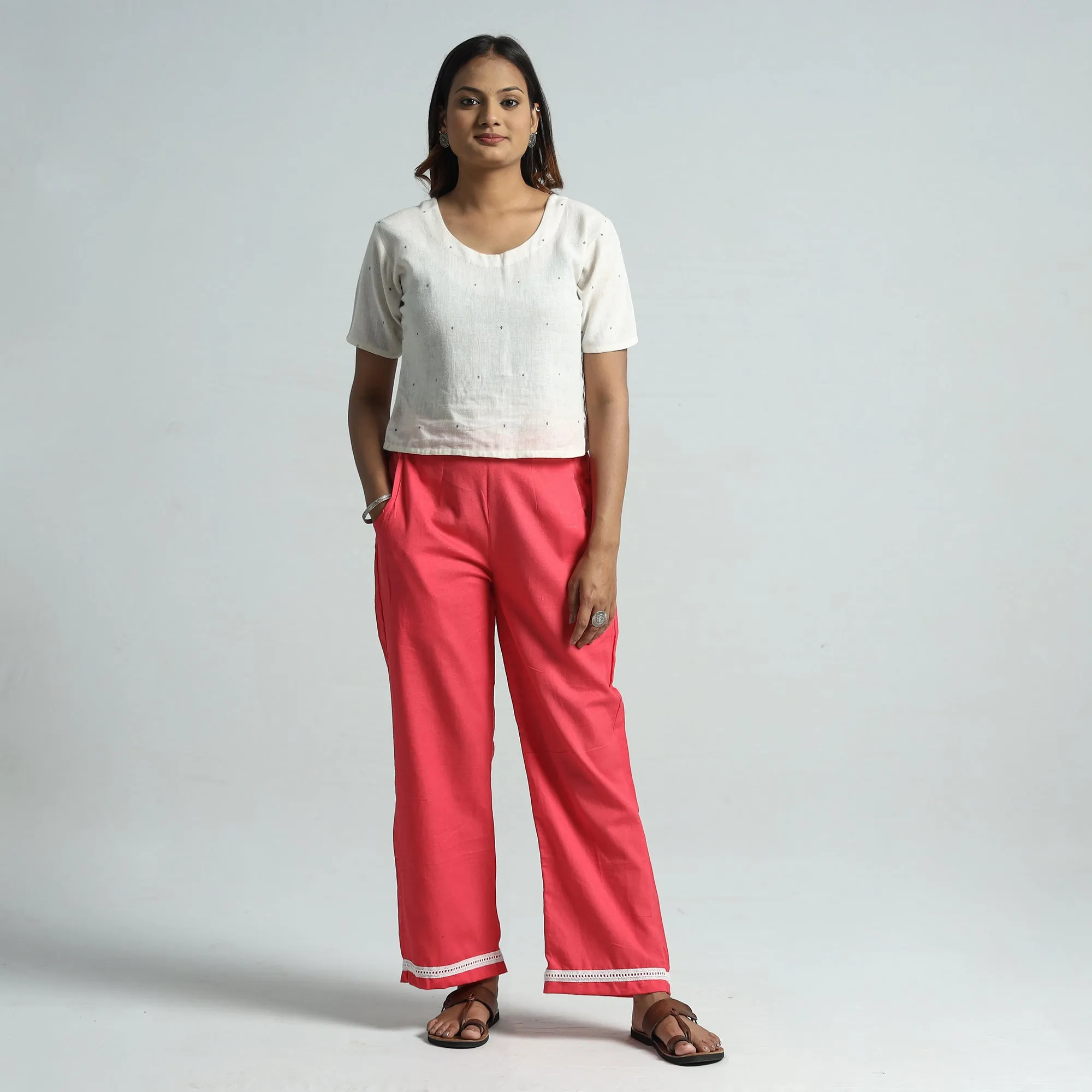Pink - Plain Flex Cotton Elasticated Palazzo with Lace Work 09