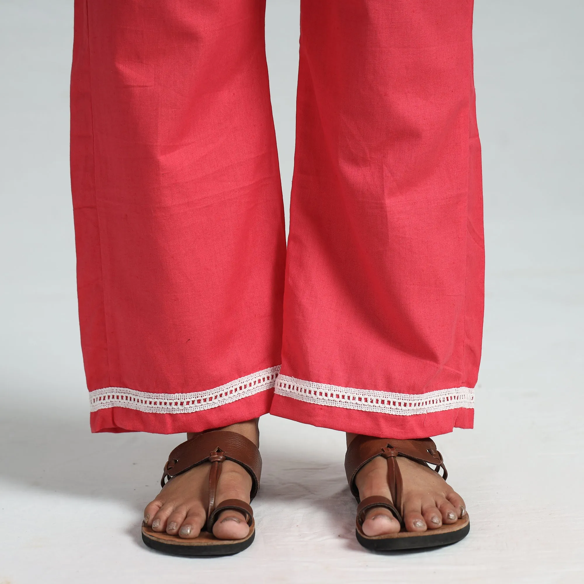 Pink - Plain Flex Cotton Elasticated Palazzo with Lace Work 09