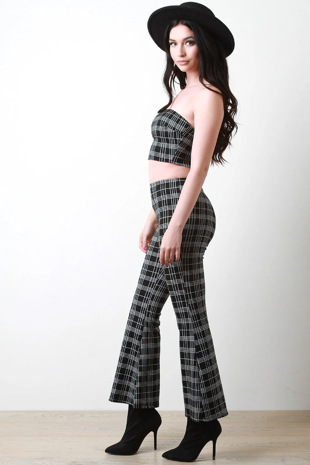 Plaid Tube Top With Flared Pants Set