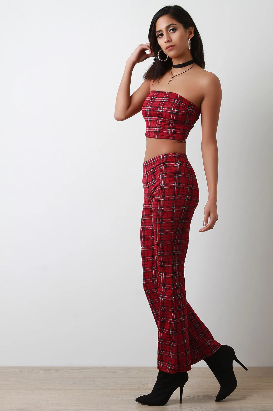 Plaid Tube Top With Flared Pants Set
