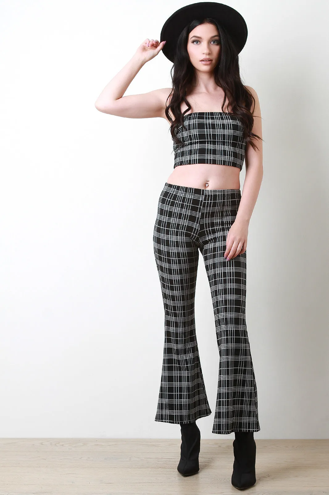 Plaid Tube Top With Flared Pants Set