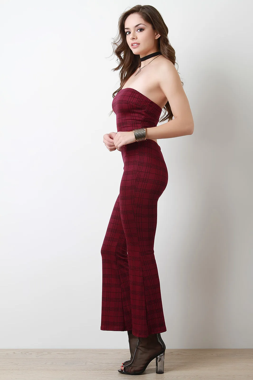 Plaid Tube Top With Flared Pants Set