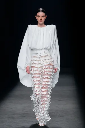 Pleated Blouse with Tulle Multilayered Flared Pants