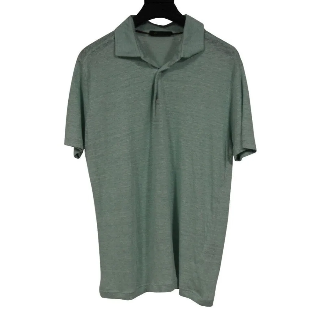 Polo Shirt Size Small Green 100% Linen Short Sleeve Collar Henley