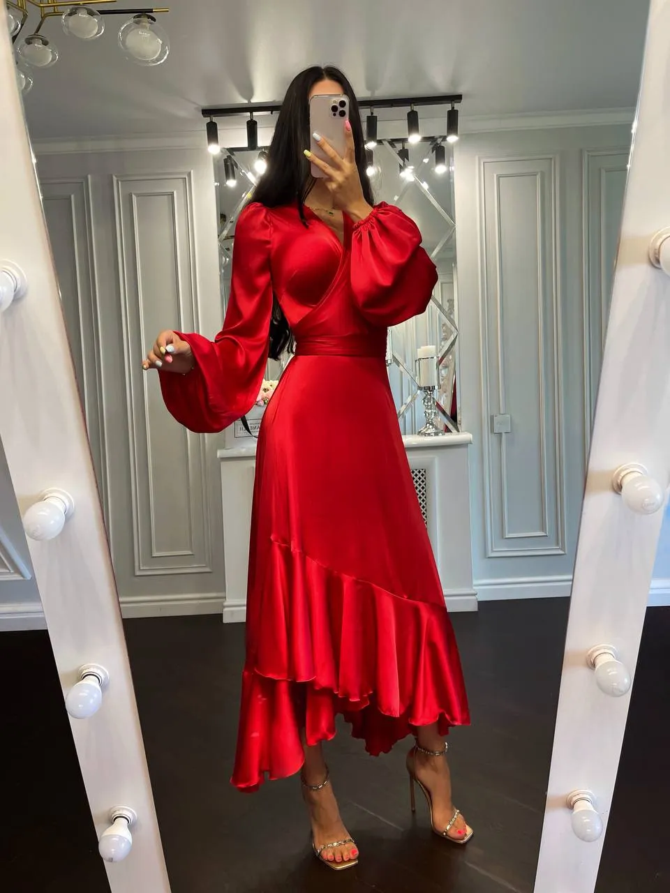 Puff-Sleeve Wrap Asymmetric Dress