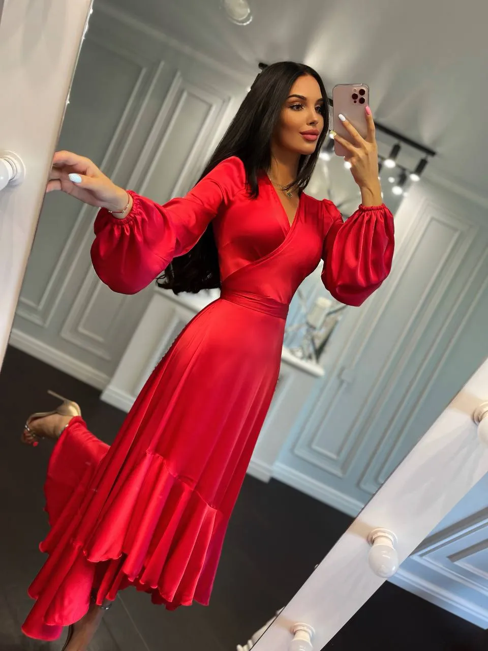 Puff-Sleeve Wrap Asymmetric Dress